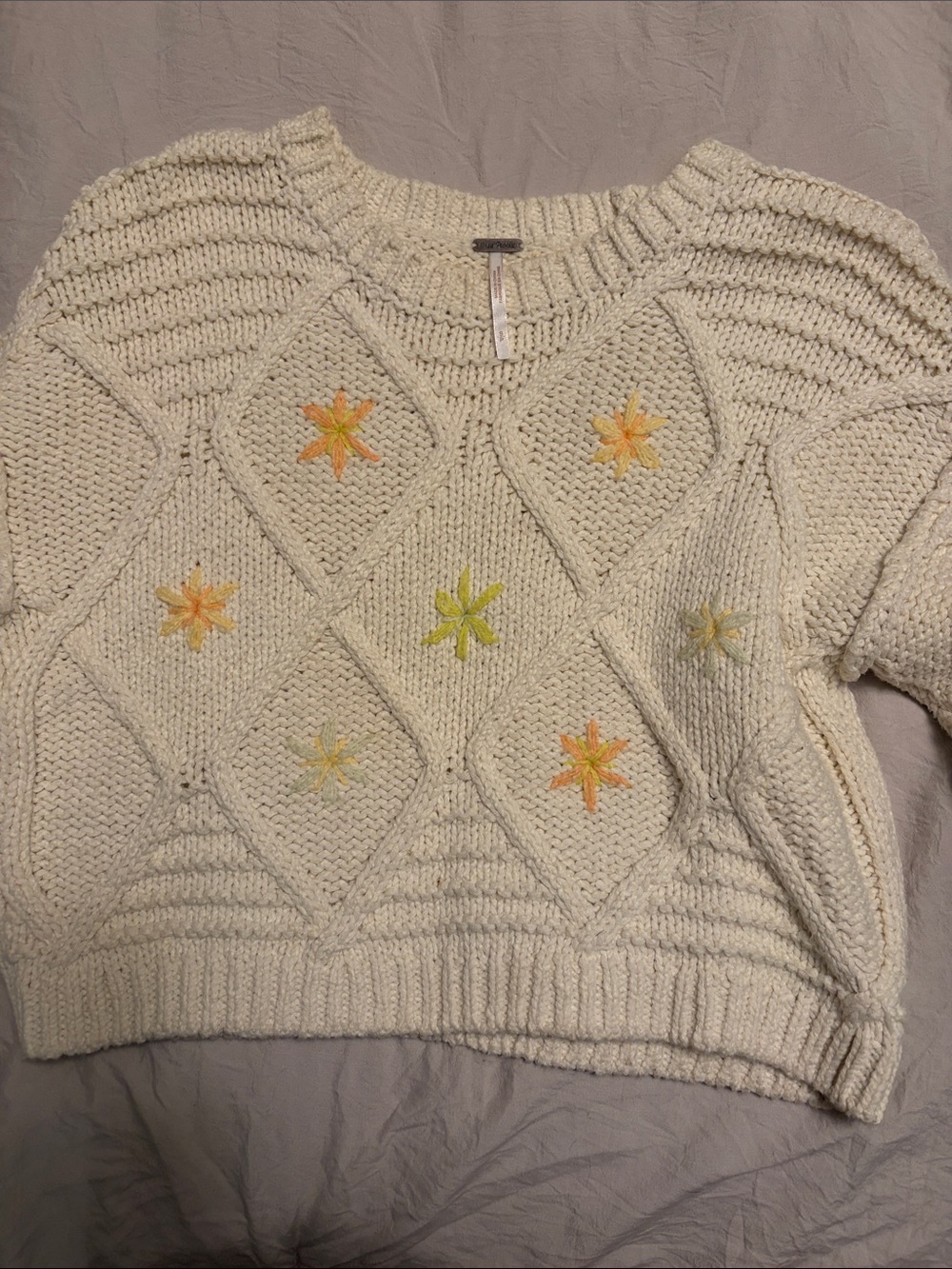 Free People Cream Knit Crew Sweater with Yellow & Orange Star Embroidery